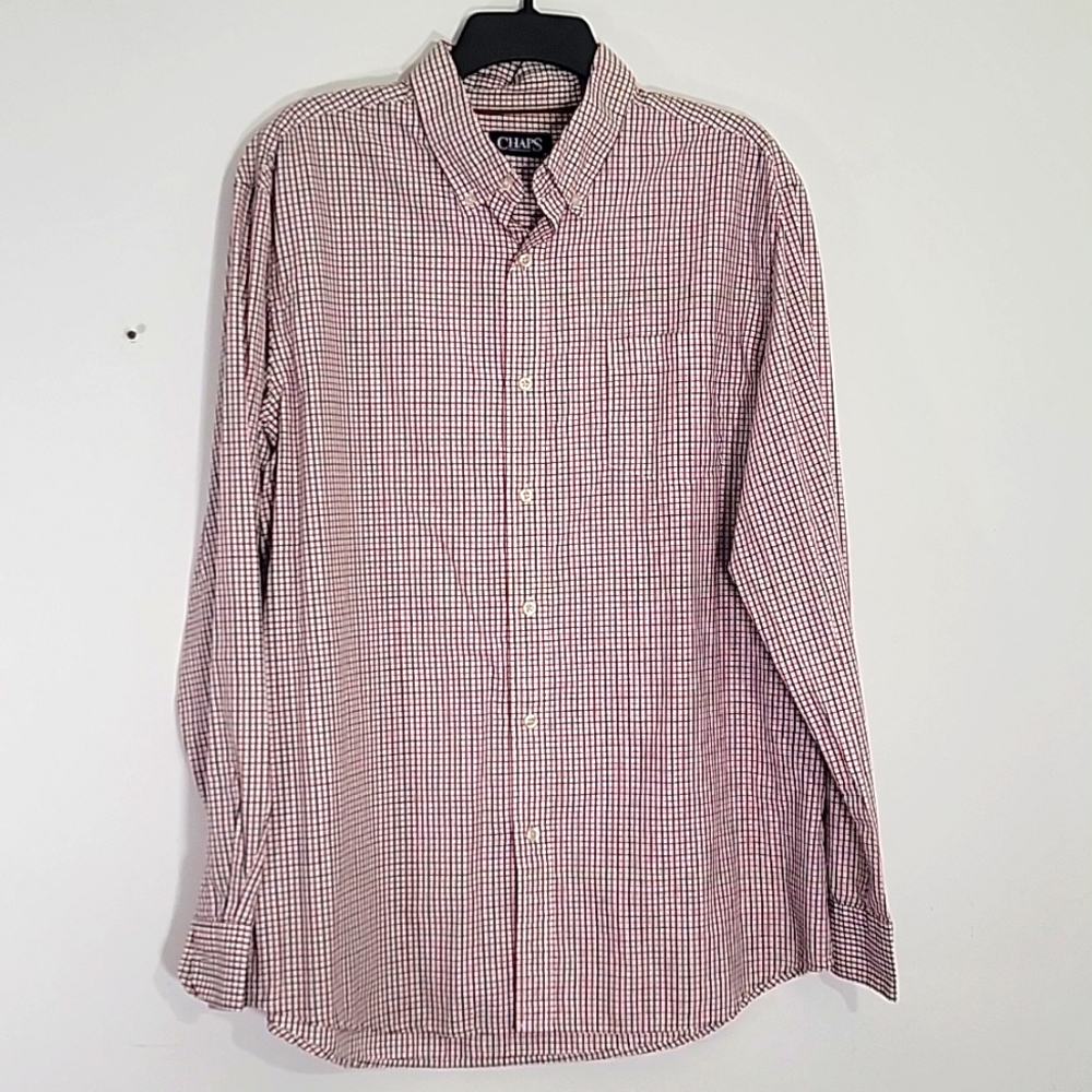 CHAPS Mens Large Red Black Plaid Gingham Casual Long Sleeve Button Up Shirt